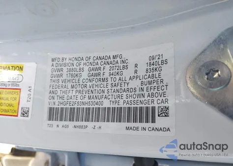 2022 Honda Civic Sport from USA, damaged, VIN 2HGFE2F53NH530400